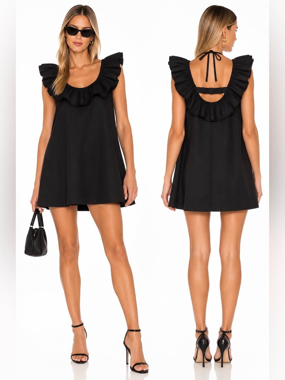 KATHI Black Ruffle Mini Dress Size Small Open Back Babydoll A-Line